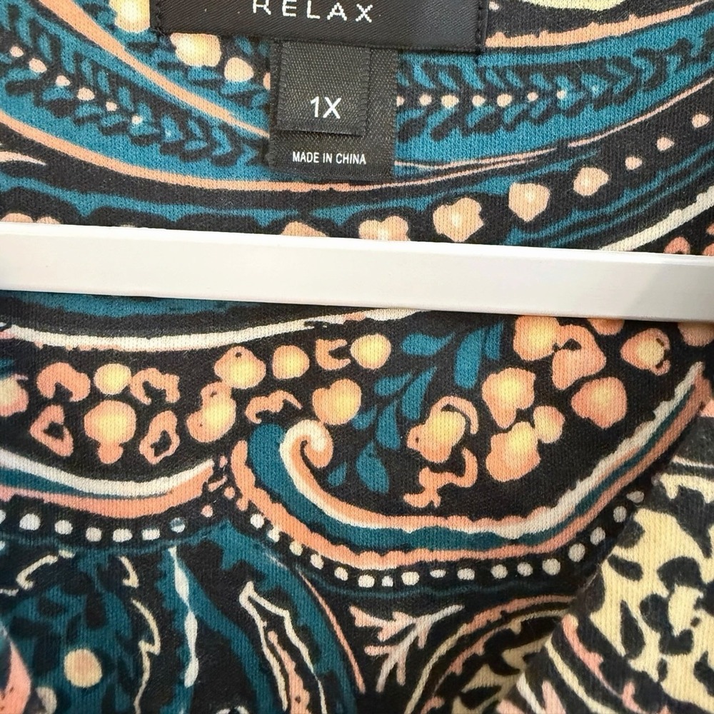 Miss Elaine Interlock Knit Robe Paisley 1X Teal Gold Button Front Cozy Lounge - Picture 3 of 6